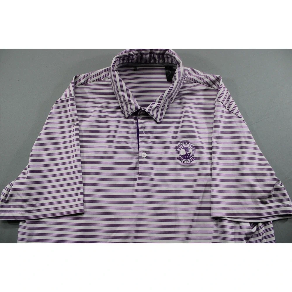 Adidas Golf Polo Shirt Peeble Beach Logo Stripe Purple White Large
